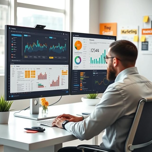 سیستم مورد نیاز مدیر فروش و بازار یاب به همراه یک بازار یاب درحال چک کردن قیمت های بازار از سایت